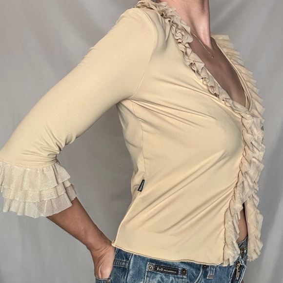 Moschino Jeans Beige Mesh Ruffle Trim Cardi/Blouse - Picture 5 of 11